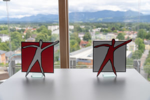 Die Logos der Sparkassenstiftungen Zukunft vor einem Panorama (Stadt Rosenheim)